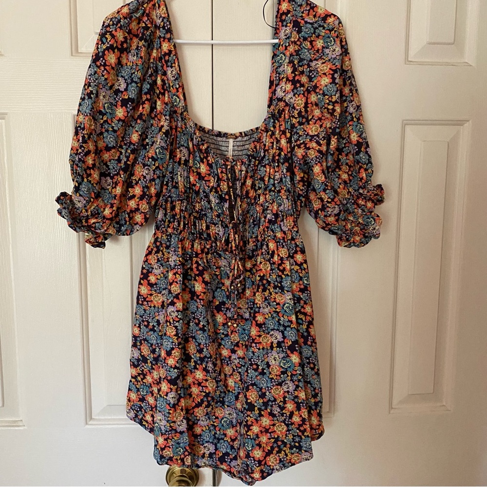 Free People Show Me Love Linen Blend Romper In Navy, size L